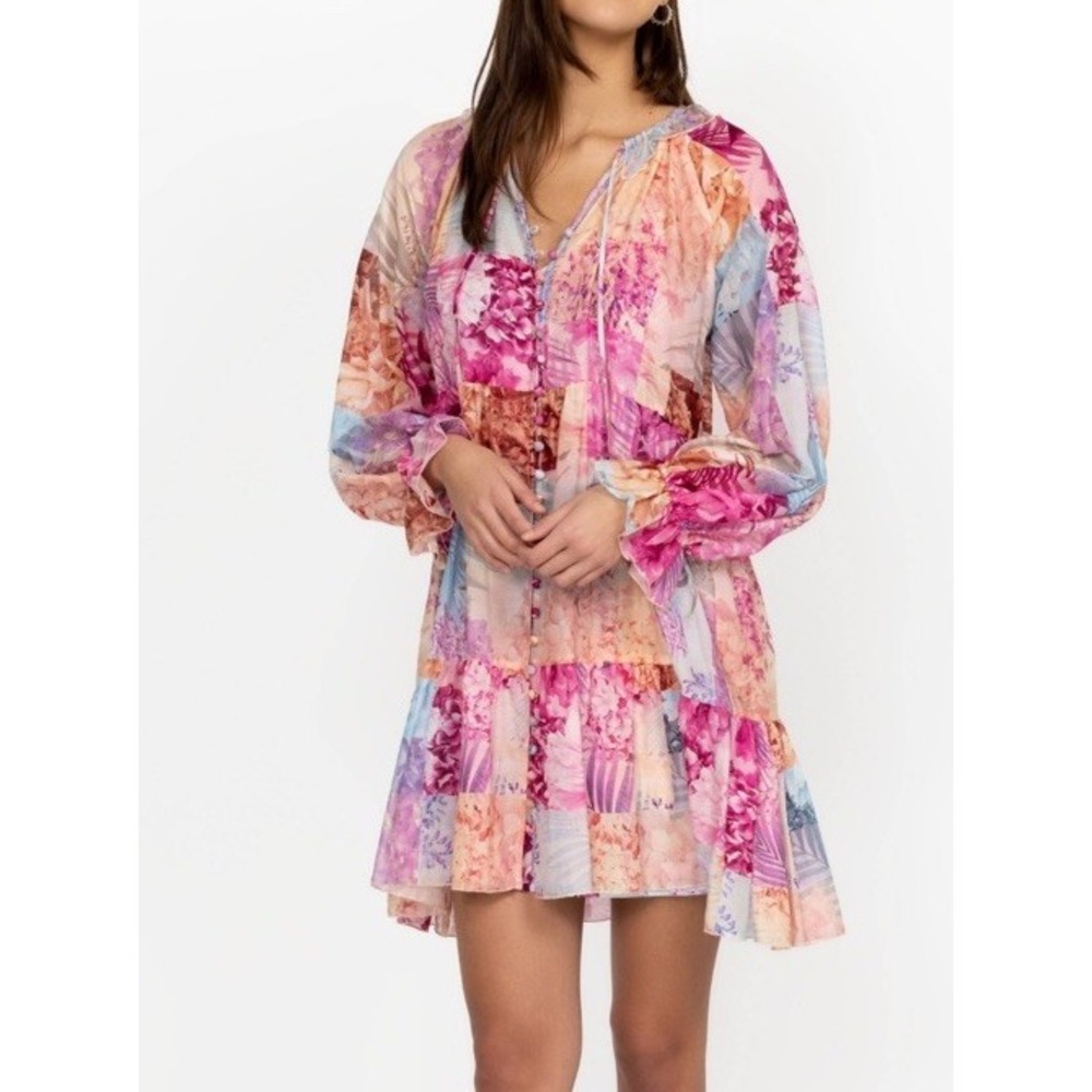 Johnny Was Silk Blend Dress MED Mini Pink Floral Semi-sheer Ruffle Patchwork EUC - Picture 1 of 16